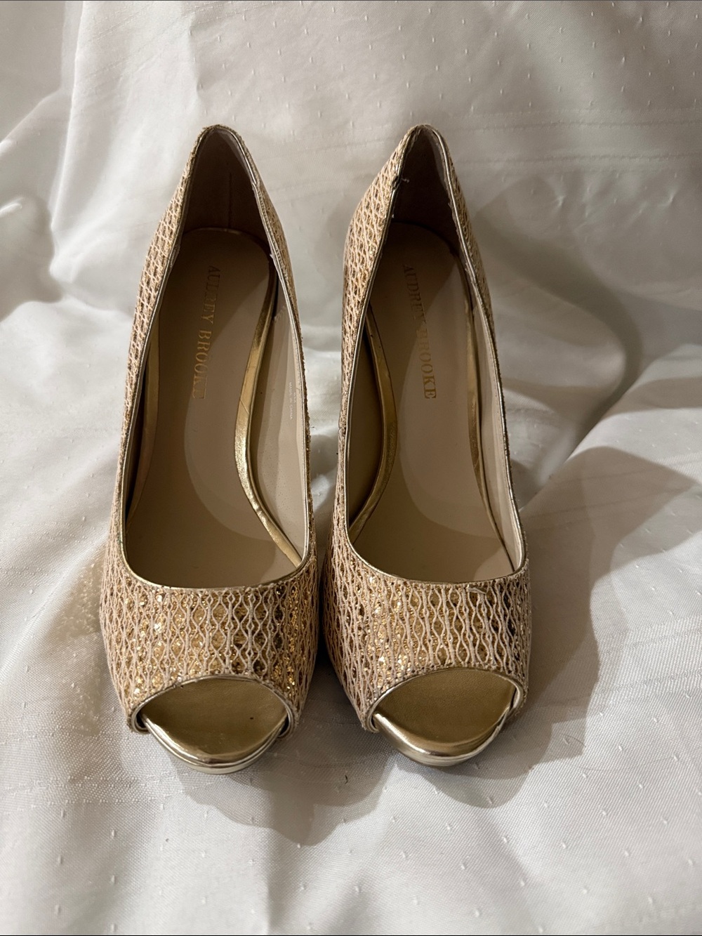 Audrey Brooke Gold Peep-Toe Woven Pumps